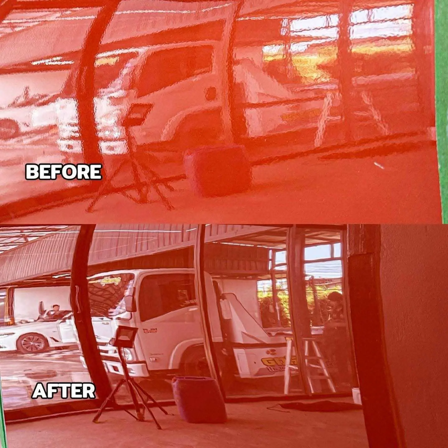 ภาพเปรียบเทียบก่อนและหลังขัดผิวส้ม (Before & After) บนผิวสีรถสีแดง ผิวสีเรียบเนียนสะท้อนภาพคมชัดดุจกระจกเงา