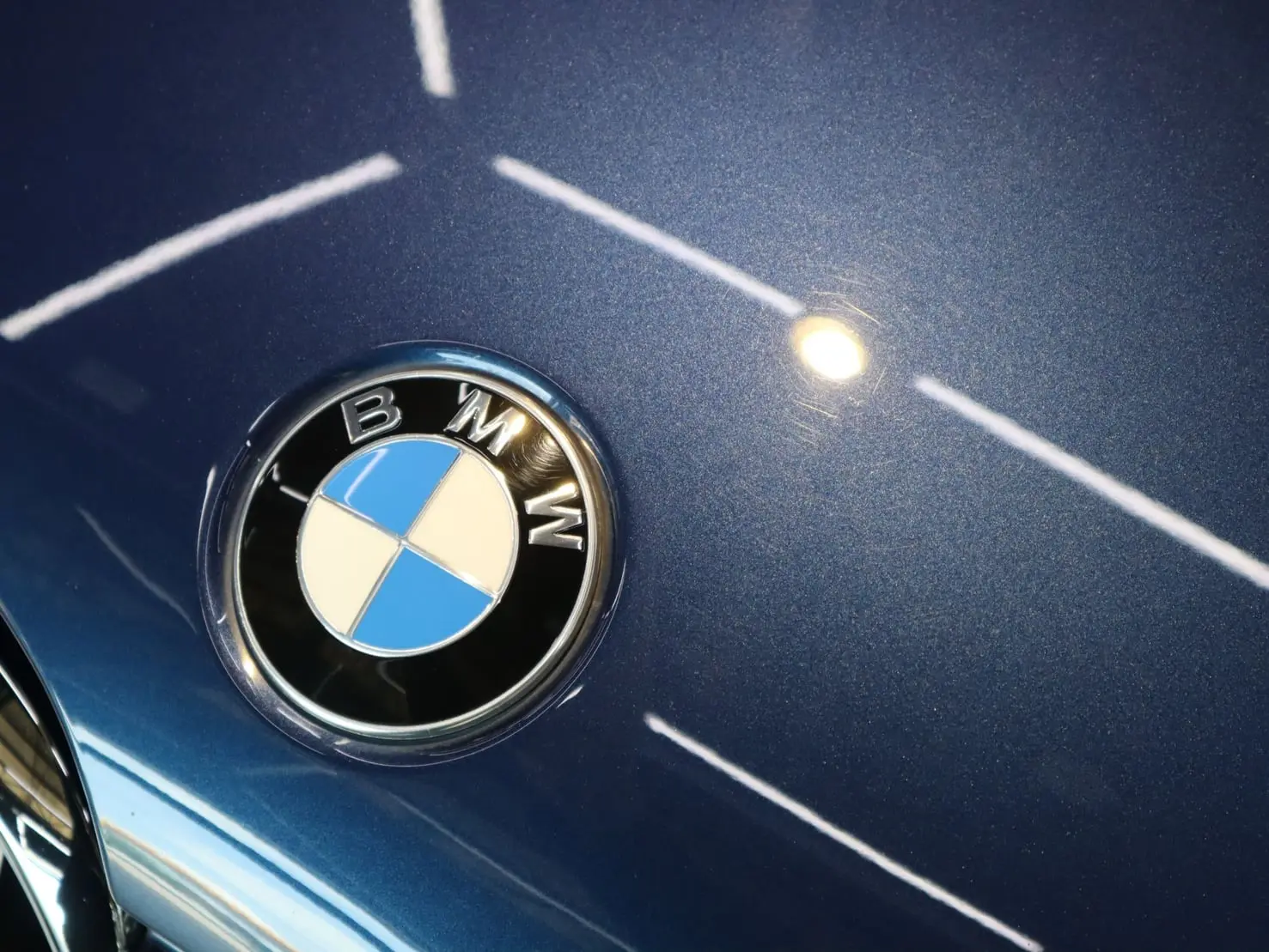 รอยขนแมวและรอยเช็ดถูรอบจุดสะท้อนไฟบนฝากระโปรงหน้า BMW สีน้ำเงินเมทัลลิก ข้างโลโก้ ก่อนขัดเตรียมผิว